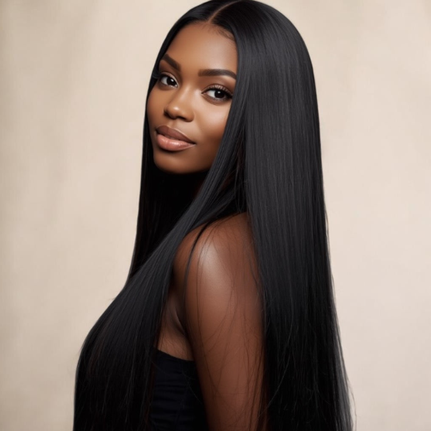 Woman with long, straight black hair against a beige background